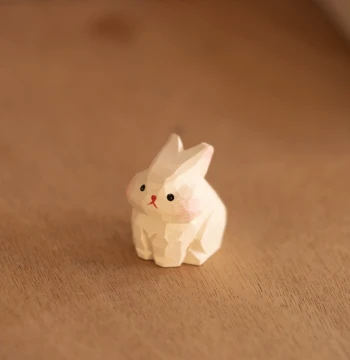 Little White Rabbit Cute Wood Carved Bunny Ornament Couple Holiday Gift Present Pure Handmade
