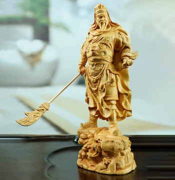 Wood Carved Guan Yu Warrior God of Wealth Statue Boxwood Handicraft Home Decor Figurine for Display and Handling