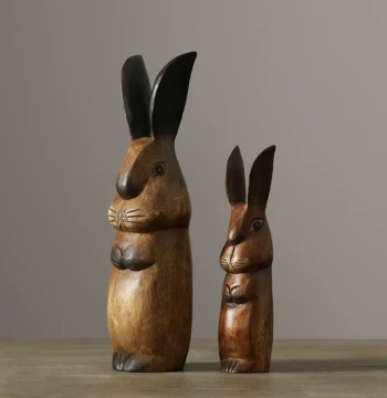 Jiale American Country Style Pattaya Hand-Carved Natural Wood Long-Eared Rabbit Desktop Ornament