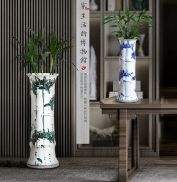 Jingdezhen Blue and White Porcelain Lucky Bamboo Vase, Large Chinese Classical Retro Style Ceramic Decor for Living Room Flower Arrangement