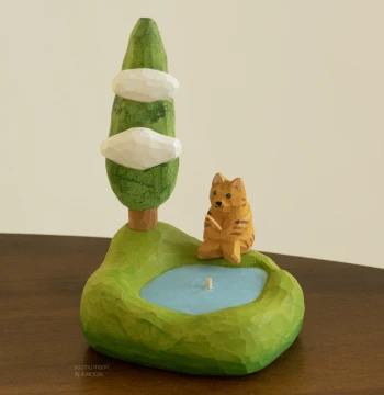 Fishing Cat Lakeside Wood Carving - Handcrafted Healing Desktop Decor & Premium Gift
