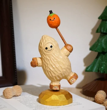 "Yay! Good Things Happen~" Hand-Carved Wooden Peanut Holding Persimmon Ornament - Auspicious New Year Gift