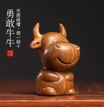 Natural Green Sandalwood Carved Zodiac Ox Figurine - Brave Ox Handheld Ornament for Desk Decor
