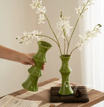 Chinese Vintage Green Ceramic Vase with Creative Bamboo Design, Light Luxury High-End Aesthetic for Living Room, Elegant Flower Arrangement Decor Ornament