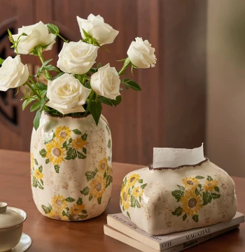 New Chinese Style Yellow Ceramic Vase Living Room Tea Table Flower Arranger Desktop Wealth Ornament Retro Home Housewarming Gift