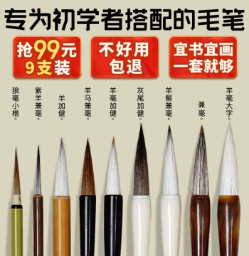 Rongbaozhai Beginner Calligraphy Set - 9-Piece Brush Kit for Chinese Painting and Calligraphy (Large, Medium, Small)