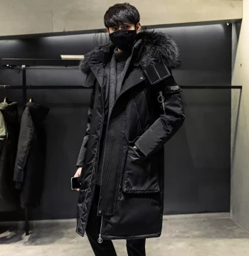 Men's Mid-Length Down Jacket - Loose Fit Trendy Korean Style Coat with Large Fur Hood