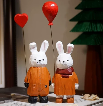 Hand-Carved Wooden Rabbit Holding a Heart-Shaped Balloon Figurine, Cute Cartoon Office Desktop Decor and Gift for Girls