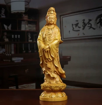 Boxwood Carving Decor, Chinese-Style Home Living Room Wooden Handicraft, Buddha Statue, Guanyin Bodhisattva Holding a Pearl