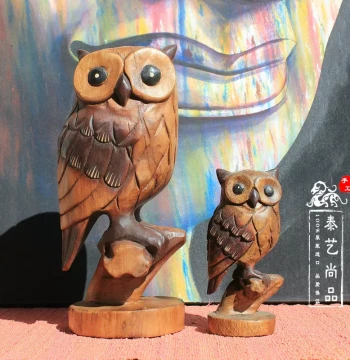 Thai Handicraft Figurine, Hand-Carved Solid Wood Cute Owl Gift for Bookshelf, Office, or Store Creative Decor