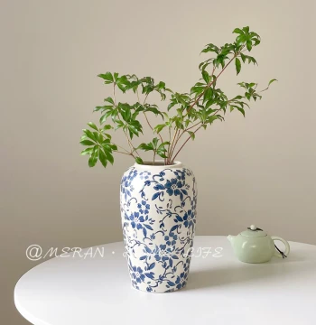 Premium New Chinese Style Blue & White Porcelain Vase - Ceramic Flower Arrangement Decor for Living Room & Entryway