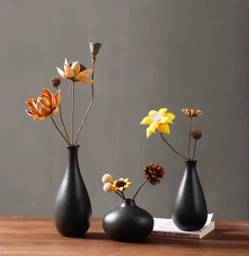 Zen Vintage Black Small Vase Ornament Chinese Style Living Room Desktop Ceramic Hydroponic Flower Arrangement Dried Flower Bouquet Decor