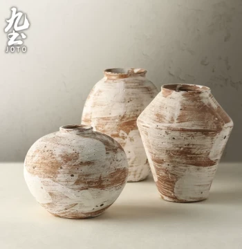 Jiutu Vintage Rough Pottery Vase, Chinese Zen Wabi-Sabi Decor for Flower Arrangement