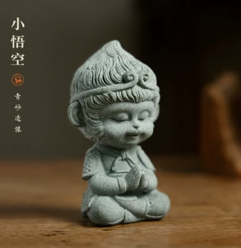 Green Sand Sculpture Devoted Little Wukong, Study Room Ornament, Creative Paperweight, Ruler Weight, Four Treasures of the Study Gift