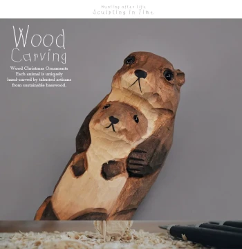 Export Wooden Carving, Marine Animal Models, Mother and Baby Otter Figurines, Hand-Carved Solid Wood Collectible
