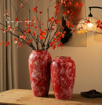 New Chinese Style Retro Ceramic Vase Red Premium Living Room Dried Flower Floor Standing Large Dining Table Decor