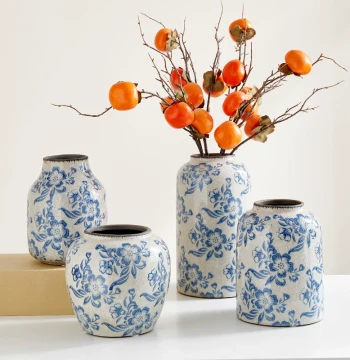 New Chinese Style Jingdezhen Ice-Crack Blue and White Porcelain Vase, Large Ceramic Water Feature for Dried Flowers, Retro Living Room Decor