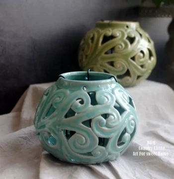 Export American-Chinese Vintage Distressed Ice-Crack Glaze Hollow Floral Ceramic Candle Holder, Home and Garden Decor Ornament