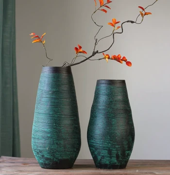 Chinese Ceramic Vase Decor, Handmade Retro Coarse Pottery Planter with Wabi-Sabi Style for Living Room Flower Arrangements and Hydroponics