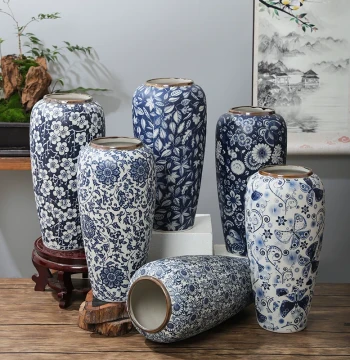 32CM High Blue and White Porcelain Vase Dried Flower Ornament Home Soft Furnishing Showroom Vintage Chinese Style Vase