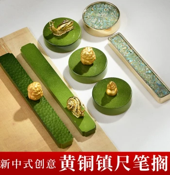 Brass Paperweight with Mother-of-Pearl Inlay - New Chinese Style Multifunctional Creative Brush Rest and Book Press - Elegant Study Decor and Four Treasures of the Study Set