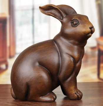 Solid Wood Carved Rabbit Ornament, Wealth-Attracting Creative Home Living Room Cute Wooden Zodiac Rabbit Display, Handicraft Decoration