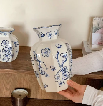 New Chinese Style Blue and White Porcelain Vase, French Vintage Floral Arrangement Decor for Living Room