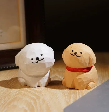 Line Puppy Hand-Carved Wooden Mini Ornament - Cute Cartoon Hand-Painted Decor for Office Desk and Computer Station
