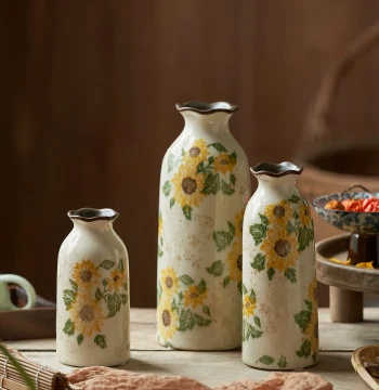 Hand-Painted Small-Mouth Ceramic Vase Pastoral Style Vintage Flower Arrangement Ornament Hydroponic New Chinese Decor High-End Feel