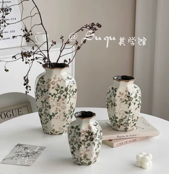Full Collection Vintage Floral Ceramic Vase for Living Room, Premium Hydroponic Flower Arrangement Decor in Pastoral New Chinese Style