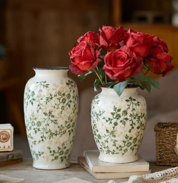 American Retro Floral Ceramic Vase with Ice-Crackle Glaze - New Chinese Home Decor