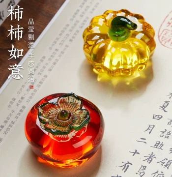 Persimmon Good Fortune Crystal Glass Paperweight, Calligraphy Brush Ruler for Pressing Paper, Beginner and Student Creative Study Decor, High-Aesthetic Small Size Four Treasures of the Study Solid Paperweight for Books and Papers