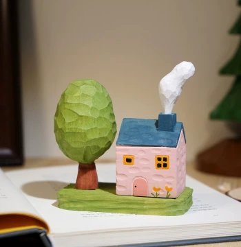 'Little Beauty' Hand-Carved Wooden Figurine - Stress-Relief Decor with Green Trees and Cabins for Desktop Display
