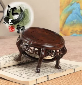 Solid African Ebony Bonsai Vase and Fish Tank Raised Base with Jade Ornament, Bamboo Joint and Ruyi Pattern Handcrafted Flower Stand