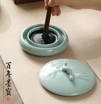Bamboo Section Porcelain Anti-Dry Ink Dish, Chinese Bamboo Section Ink Dish, Brush Holder/Brush Washer/Anti-Dry Ink Dish/Brush Rest/Hot Pot Inkstone/Beautiful and Practical Practice Set, Porcelain Ink Storage Calligraphy Supplies, Four Treasures of the St