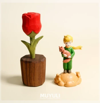 The Little Prince's Rose Preserved Flower Hand-Carved Wooden Desktop Ornament, Computer Decor, Mother's Day & Valentine's Day Gift