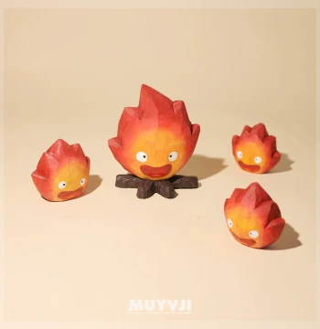 Hand-Carved Wooden Calcifer Flame Figurine from Howl's Moving Castle - Cute Desk Decor for Office, Creative Gift