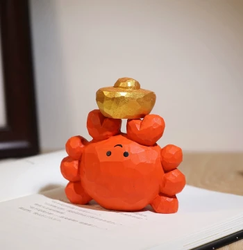 'Crab Wealth Holder!' Hand-Carved Wooden Crab Holding Gold Ingot Figurine - Desk Decor and New Year Gift