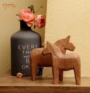 Nordic Minimalist Hand-Carved Wooden Animal Figurine, Small Solid Wood Rocking Horse Decor for Study, Display Cabinet, and Living Room