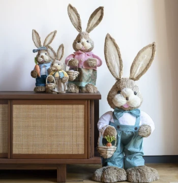 JK Mu Space Large Floor Standing Ornament, Light Luxury Hand-Woven Straw Rabbit for Wedding, Garden, and Studio Decor