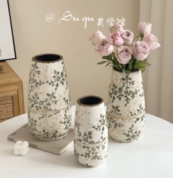 Vintage Floral Ceramic Vase, High-End Pastoral Style Decor for Living Room Hydroponic Roses and Arrangements, New Chinese Style
