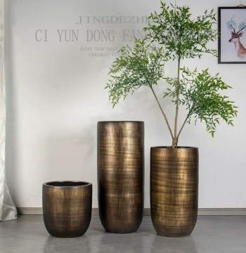 New Chinese Style Ceramic Vase with Retro Copper-Metal Finish – Large Floor-Standing Planter for Indoor Plants and Trees, High-Foot Design