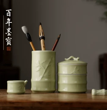 Ru Kiln/Beige/Defen Bamboo Section Set: Chinese-Style Brush Pot, Water Washer, Anti-Dry Ink Dish, Brush Rest, and Ink Stone; Practical and Aesthetic Stationery for Practice and Wholesale