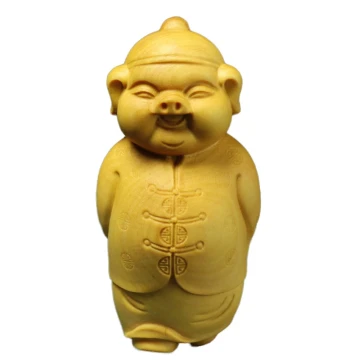 Boxwood Hand-Held Carving, Landlord Home Decor Ornament, Solid Wood Collectible, Hand-Carved Craftwork Featuring Lucky Pig and Wealthy Master