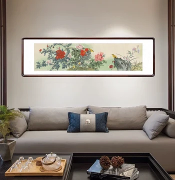 Gongbi Style Chinese Painting Wall Art - Peony Blooms Symbolizing Prosperity for Living Room, Hotel, Restaurant, or Bedroom Decor
