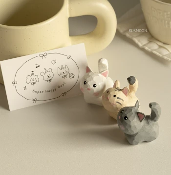 Chubby-Tailed Kitten - Cute Hand-Carved Wooden Desk Figurine for Office or Study, Perfect Healing Birthday Gift