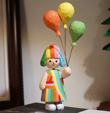 "Dopamine Girl" Hand-Carved Wooden Figurine Holding a Balloon - Cute and Healing Romantic Birthday Gift for Her