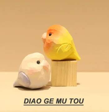 Hand-Carved Wooden Lovebird Figurine - Yellow Peach & Peony Parrot, Healing Purple Bird Desktop Decor, Couple's Gift