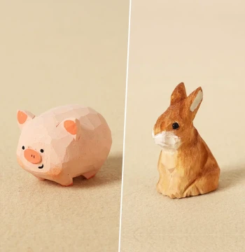 Hand-Carved Wooden Rabbit and Pig Figurines | Cute Cartoon Desk and Living Room Decor, Perfect Gift