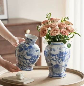 Premium New Chinese Style Blue-and-White Porcelain Vase - Retro Ceramic Flower Arrangement Piece for Living Room or Tea Table